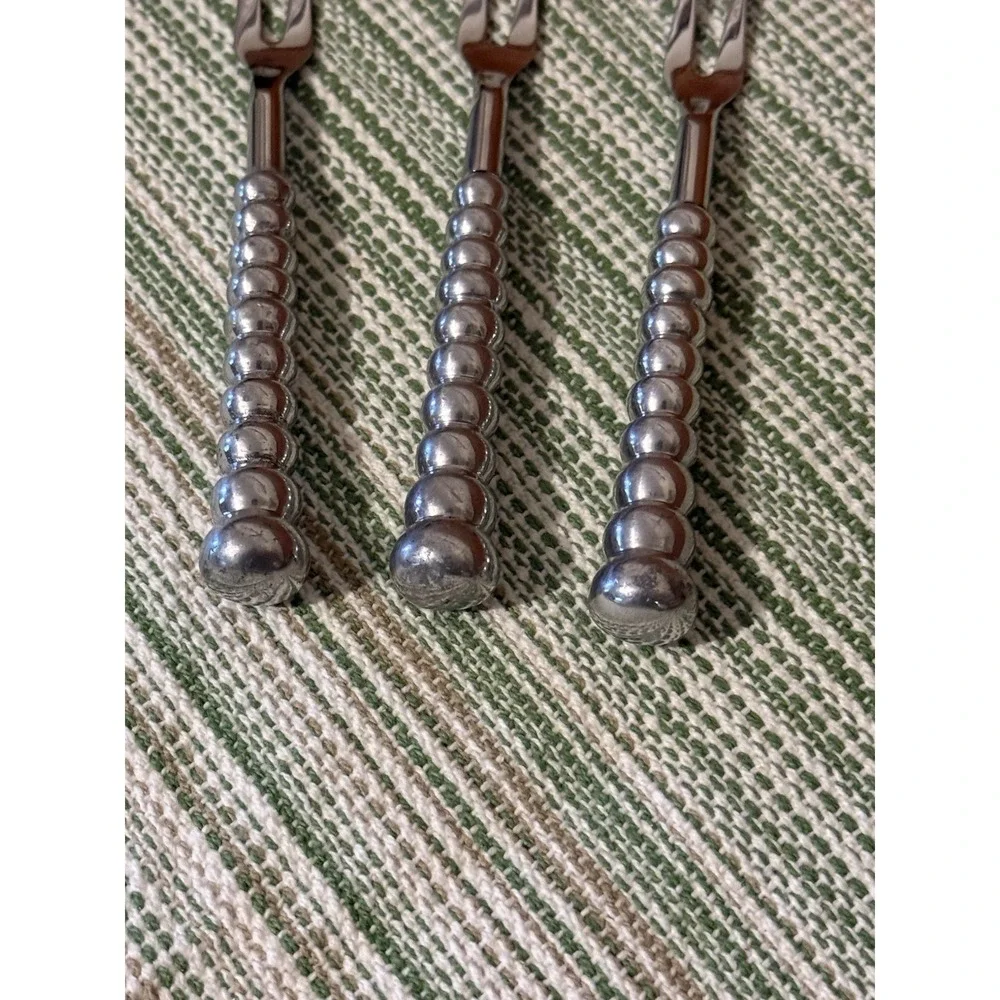 Vintage Mid-Century Stainless Steel Beaded Handle Cocktail Appetizer Forks (3)